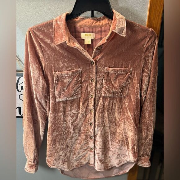 Anthropologie Maeve Karina Crushed Velvet Shirt Size US 2 Small Dust Pink - Picture 9 of 15